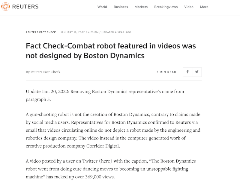 Screenshot of Reuters article